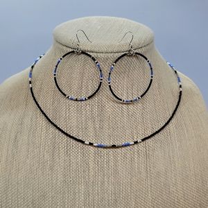 Dainty Black Grey Blue White Delica Seed Bead Necklace and Earrings Set, Necklac